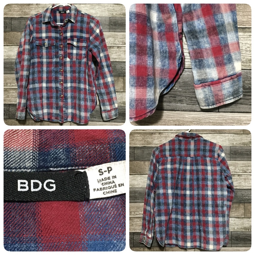 BDG Plaid Button Shirt Women’s S Blue Red Long Sleeve 100% Cotton.